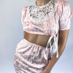 Vintage Pink Satin Lace Skirt Crop Top Set Boho